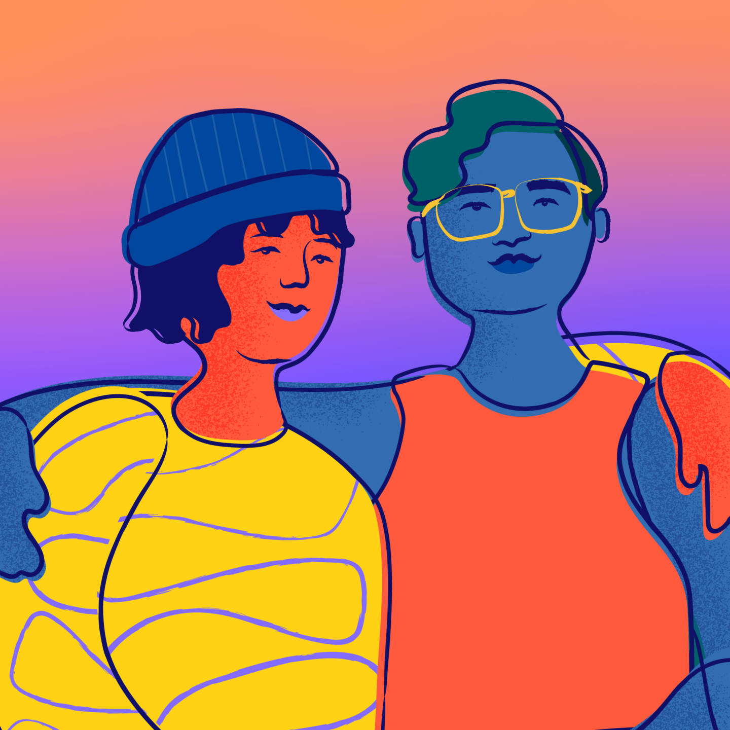 illustrations of two youth hugging.