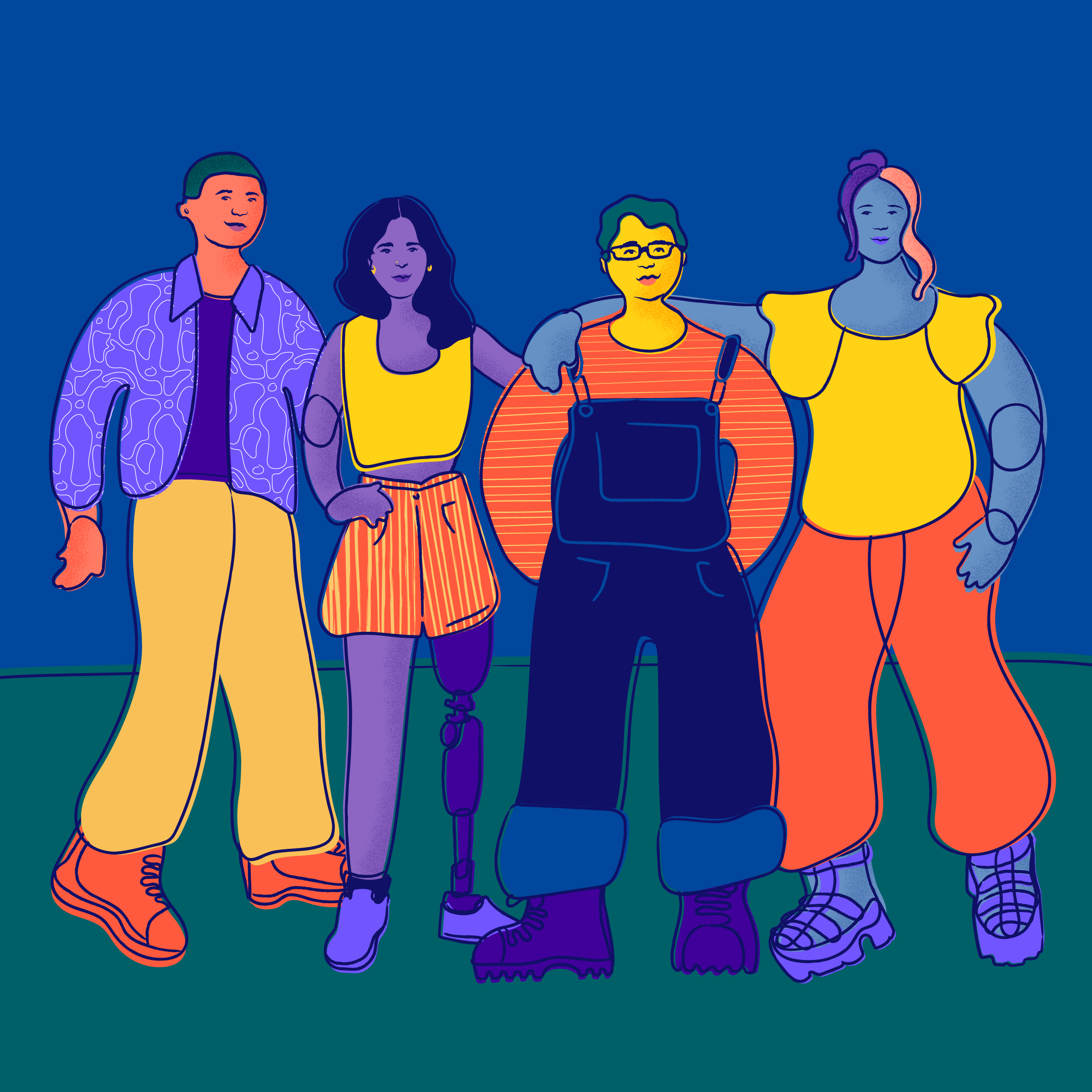 Four young people stand and smile.