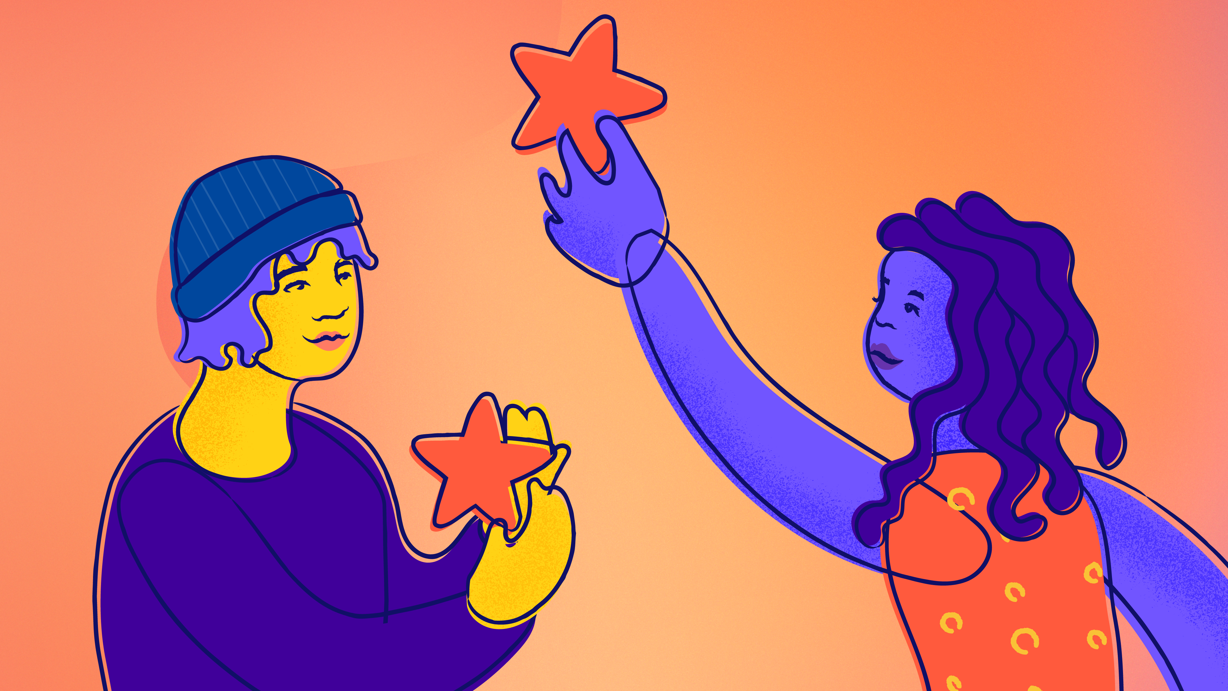 Two young people smile and hold stars falling from the sky