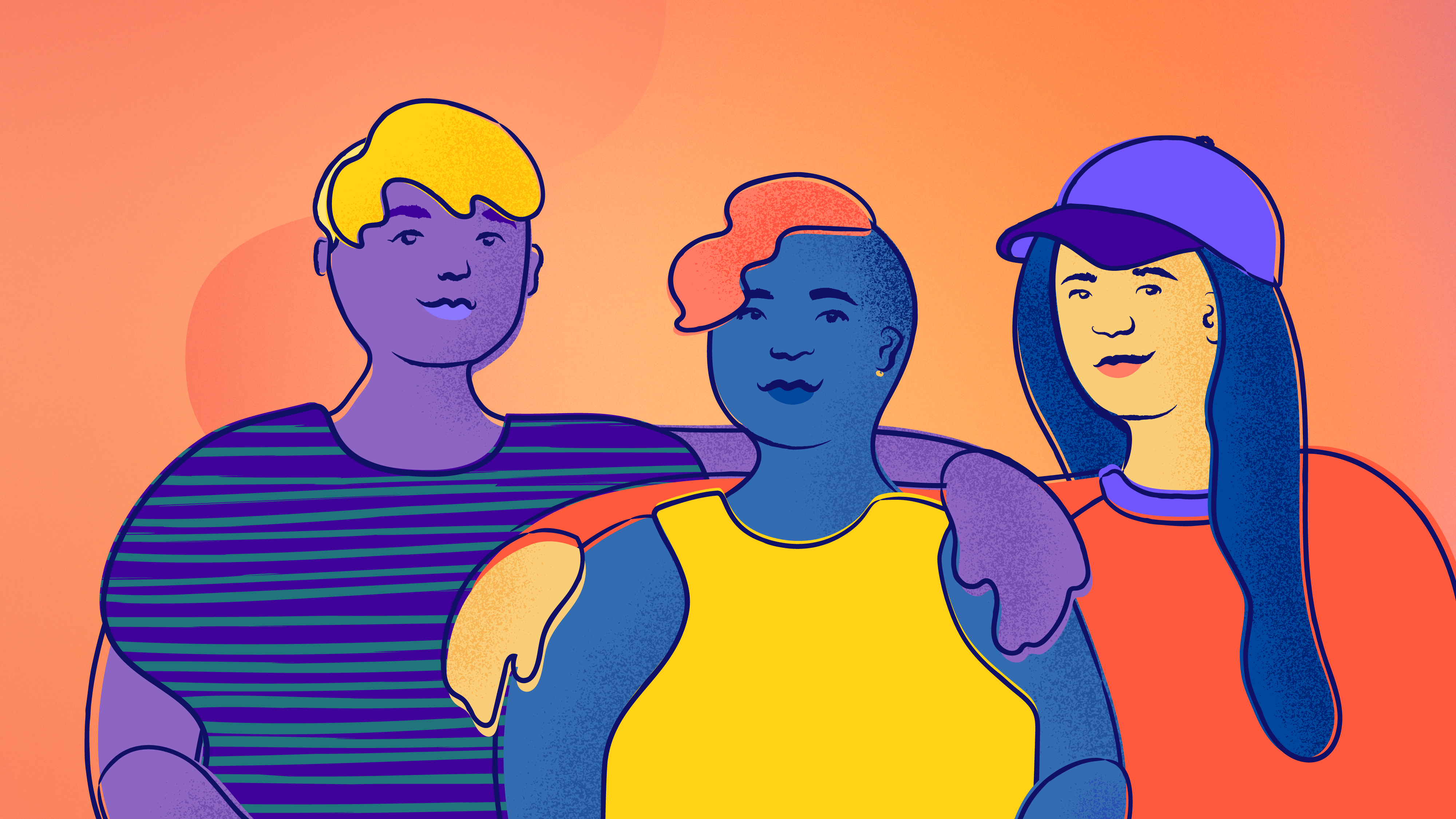 Three friends drape arms over each other's shoulders